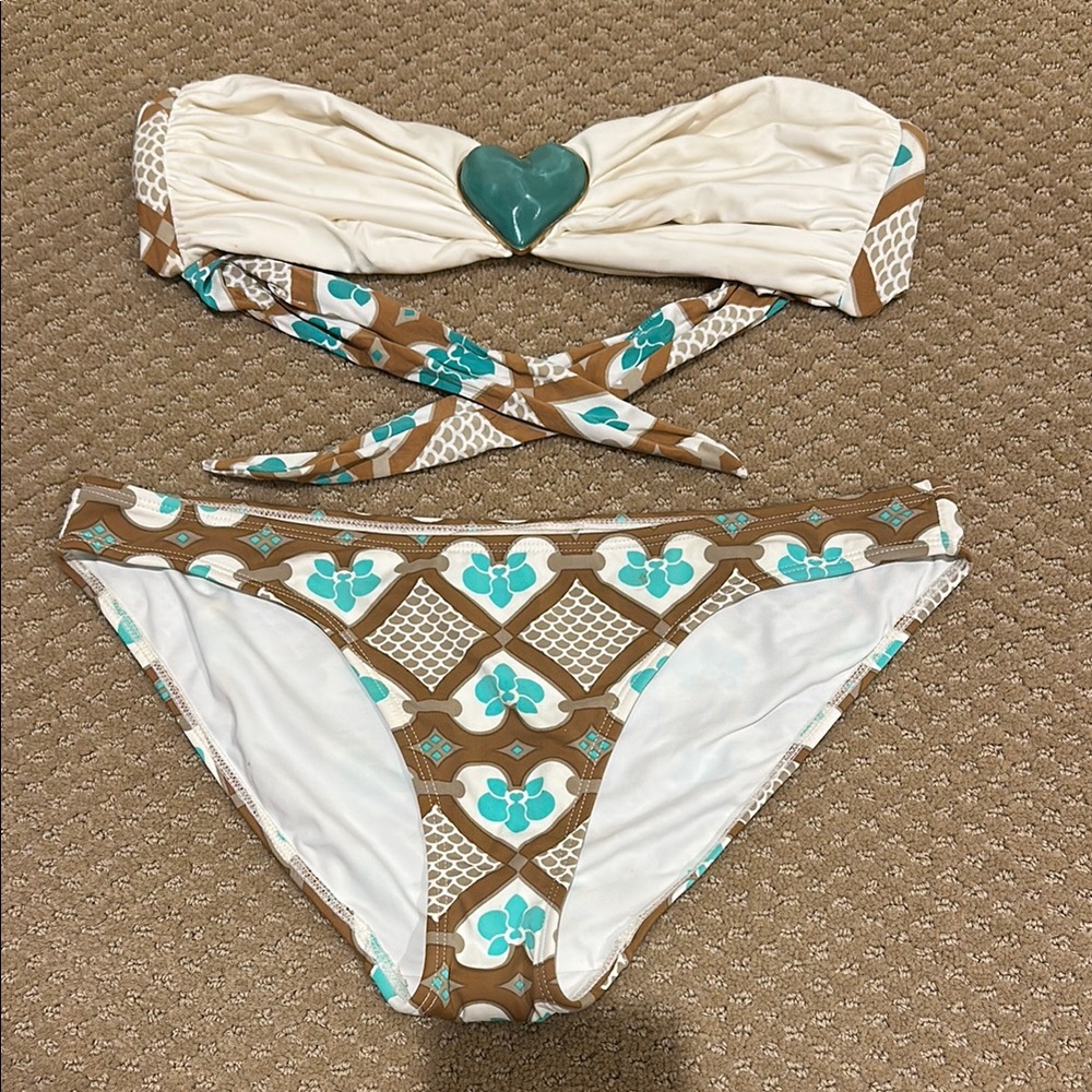 Bandeau Cream and Brown Bikini with Turquoise Heart Detail